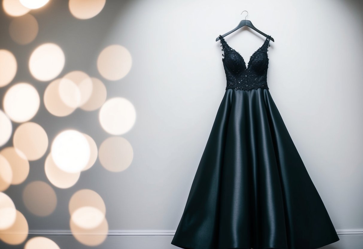 A black wedding gown stands out against a white background, symbolizing elegance and sophistication