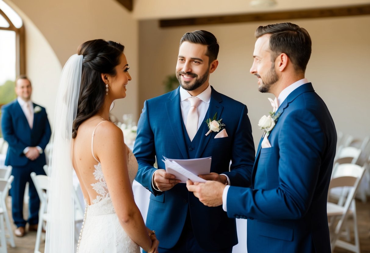 A couple stands with a wedding planner, discussing guest list options for a 150-person wedding. Tables and chairs are set up in the background