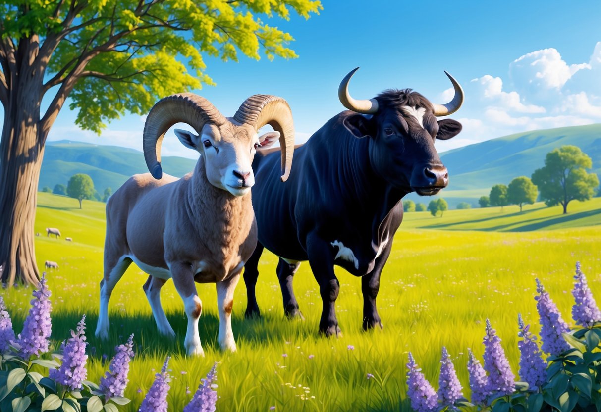 A ram and a bull stand together in a lush, blooming meadow under a clear blue sky, their energy and strength evident in their powerful stances