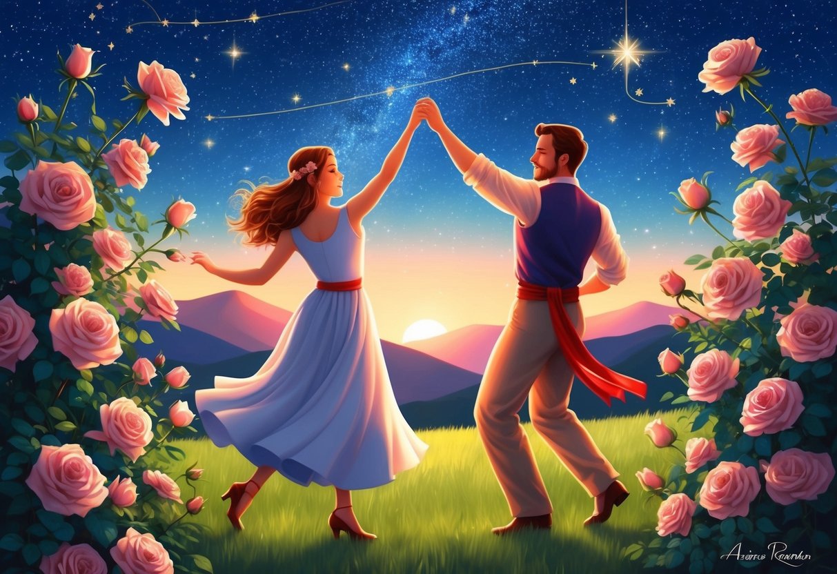 Aries and Taurus dancing under a starry sky, surrounded by blooming roses and a gentle breeze