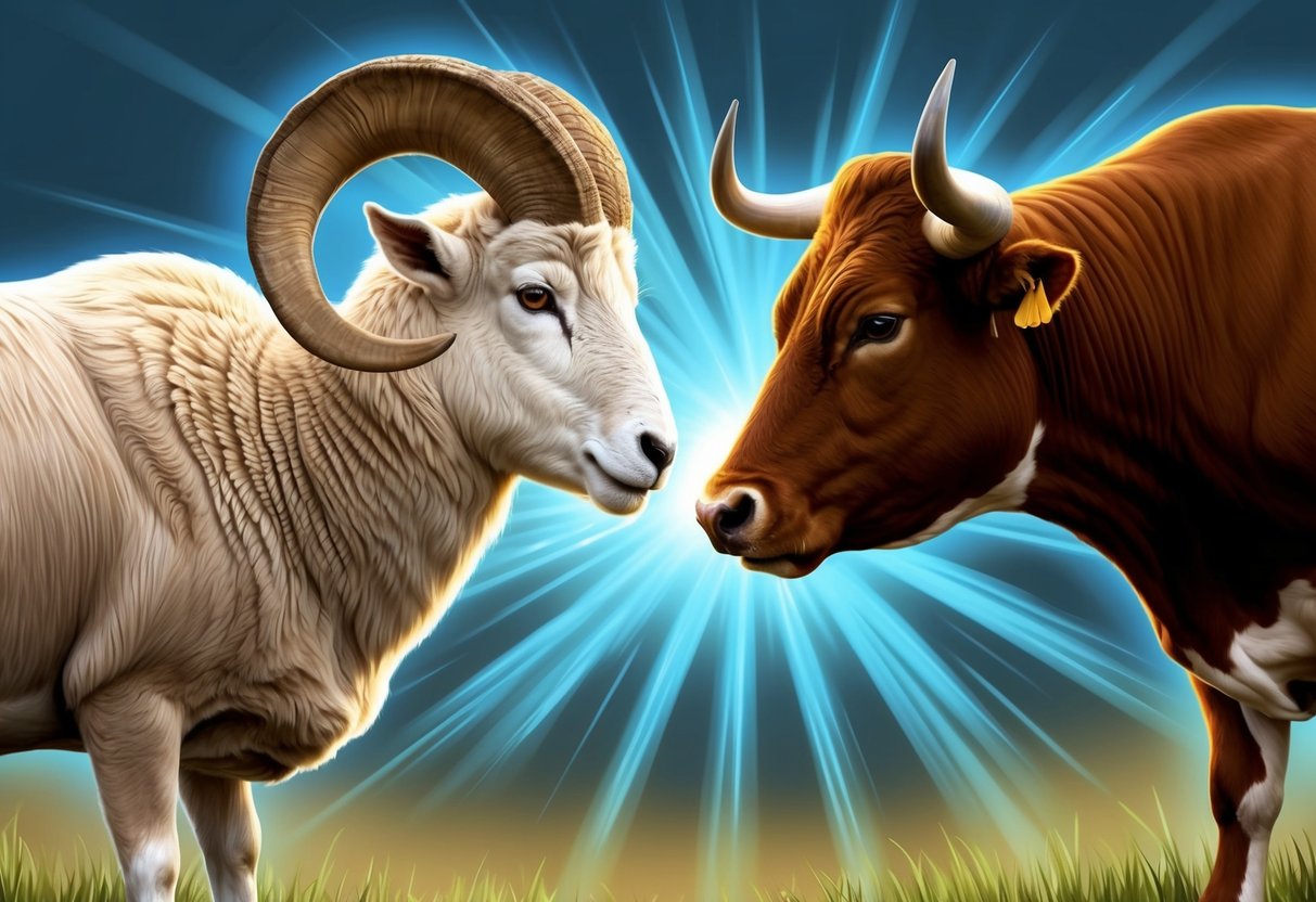 A ram and a bull stand face to face, their eyes locked in a moment of intense attraction. Their bodies radiate a powerful energy, drawing them closer together