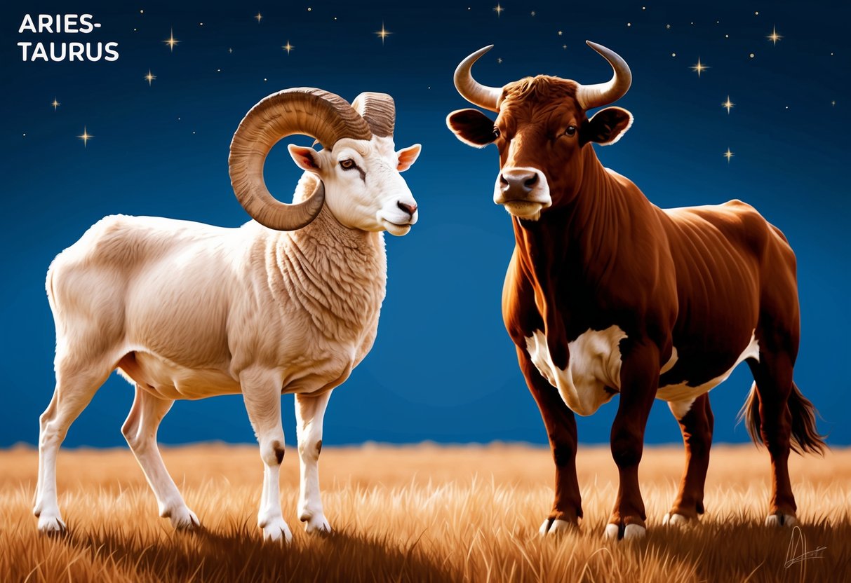 A ram and a bull standing back to back, representing the strength and stability of an Aries-Taurus partnership