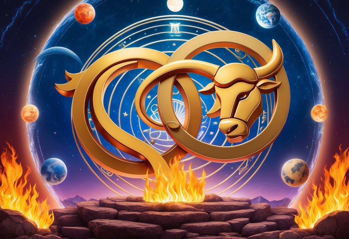 Aries and Taurus symbols intertwined in a celestial dance, surrounded by elements of fire and earth