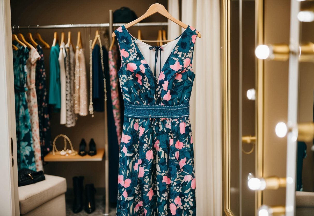 A floral-patterned dress hanging on a hanger, surrounded by accessories like jewelry and shoes, in a well-lit dressing room