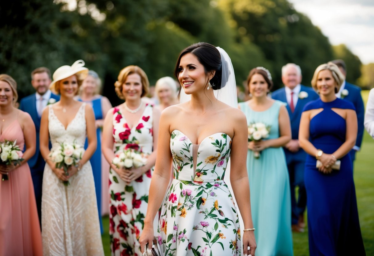 A woman in a floral dress stands among elegantly dressed wedding guests
