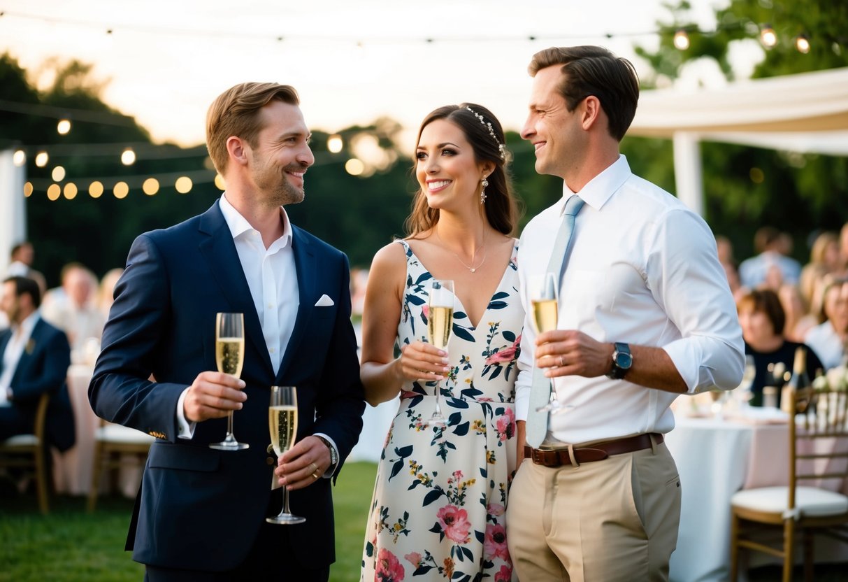 A man in a crisp white dress shirt and a navy blazer stands next to a woman in a floral dress, both holding glasses of champagne at an outdoor wedding reception