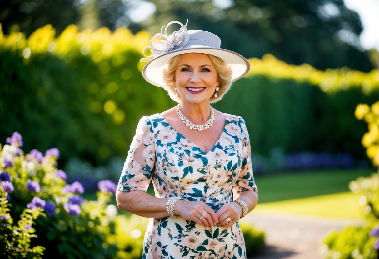 A mother of the bride stands in a garden, wearing a floral dress and accessorizing with a matching hat and jewelry. She smiles confidently, completing her elegant look