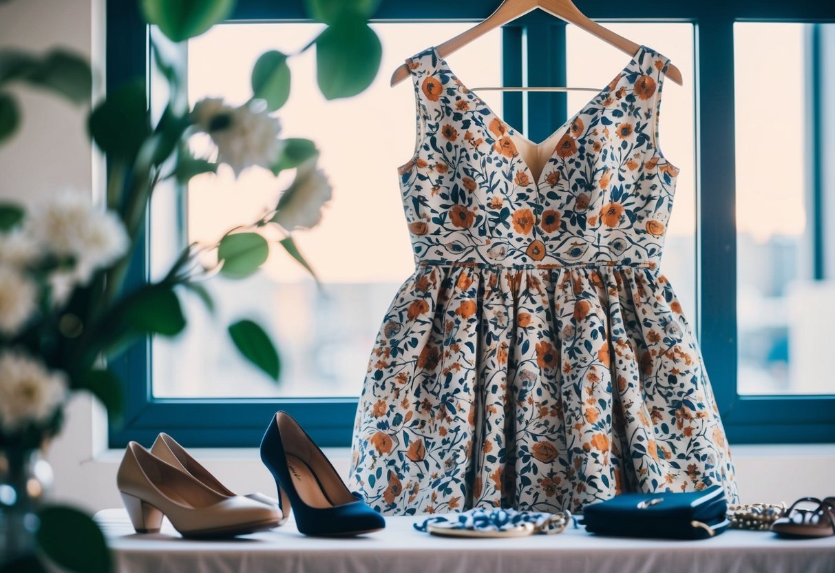 A elegant floral patterned dress hanging on a hanger, surrounded by accessories and shoes on a table