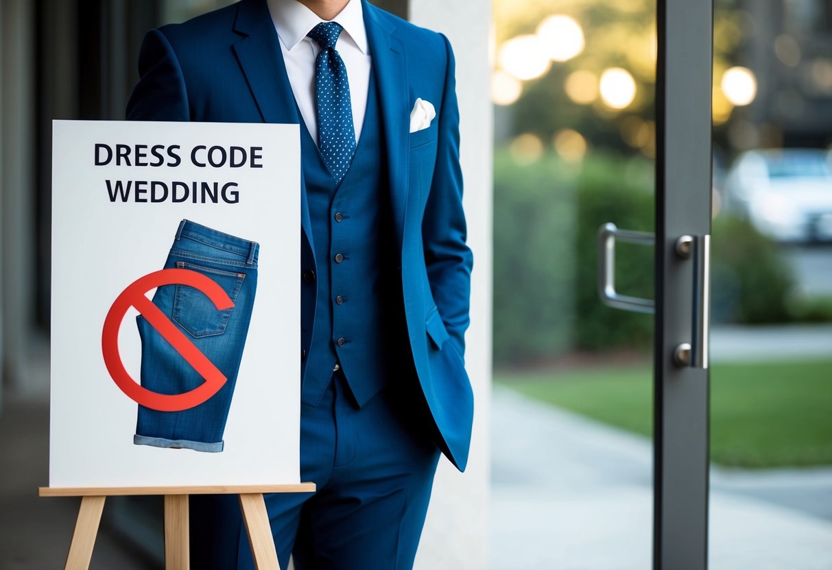 A well-dressed man in a suit and tie stands next to a sign displaying the dress code for a wedding, with a clear prohibition symbol over a pair of jeans