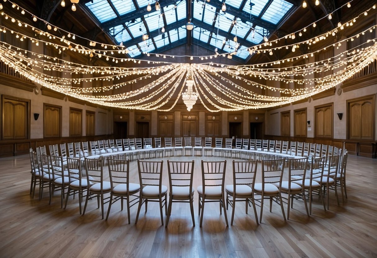 A grand hall with 100 empty chairs arranged in a circle under a canopy of twinkling lights