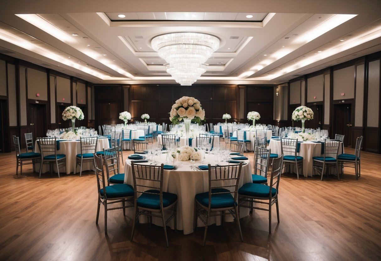A grand banquet hall with 100 empty seats, elegantly set tables, and a spacious dance floor, awaiting guests for a wedding celebration