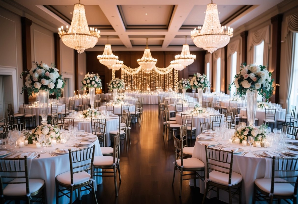 A grand ballroom filled with elegant tables and chairs, adorned with beautiful floral centerpieces and twinkling fairy lights, awaits the arrival of 100 guests for a lavish wedding celebration