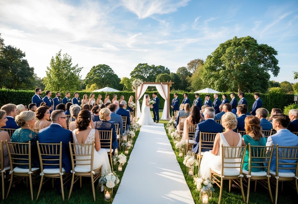 A beautiful outdoor wedding venue with seating for 100 guests, adorned with personalized decorations and a charming, intimate atmosphere