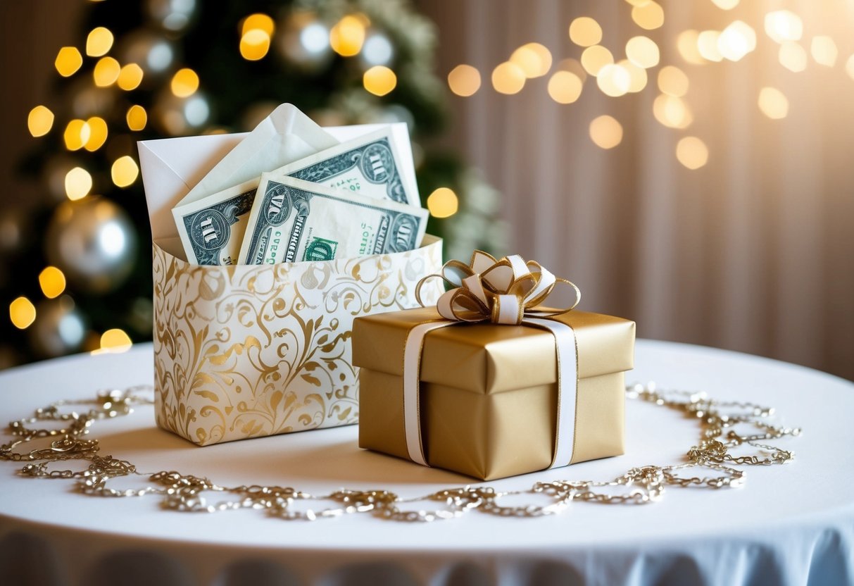 A decorative envelope with money and a wrapped gift placed on a beautifully adorned wedding gift table