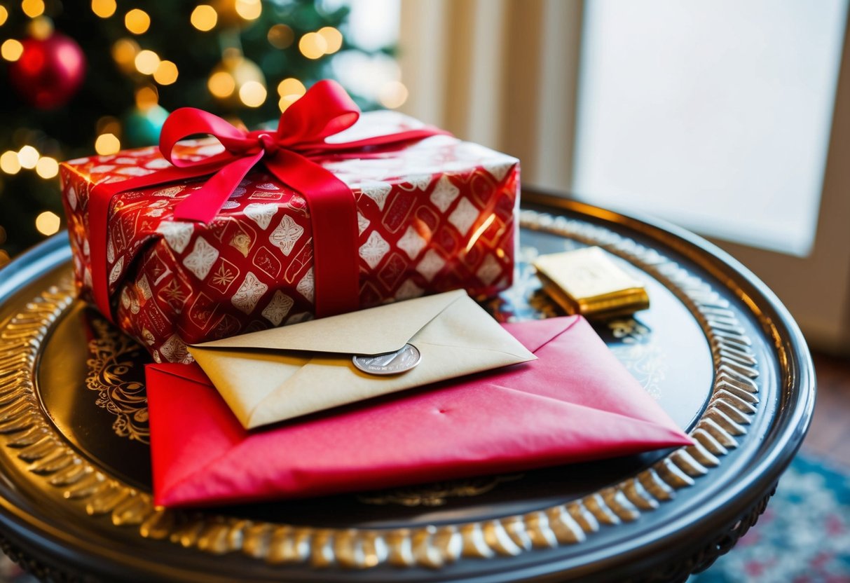 A wrapped present and cash envelope on a decorative table