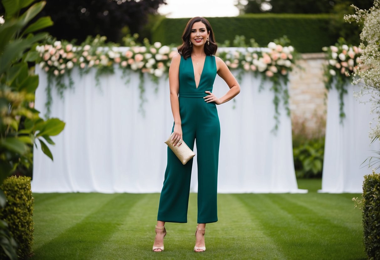 A woman in a chic jumpsuit and statement heels, holding a clutch, stands amidst a garden backdrop at a wedding