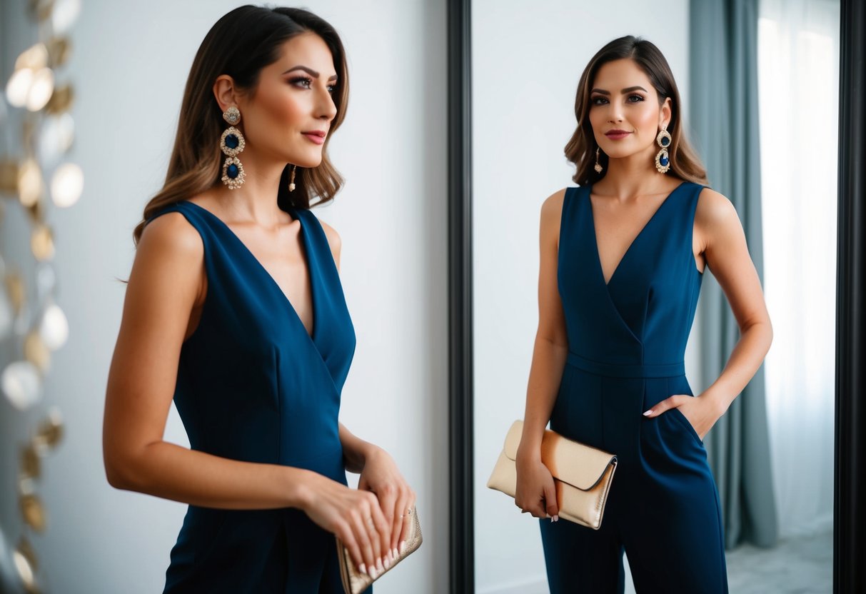 A stylish woman in a jumpsuit with statement earrings and a clutch, standing in front of a mirror