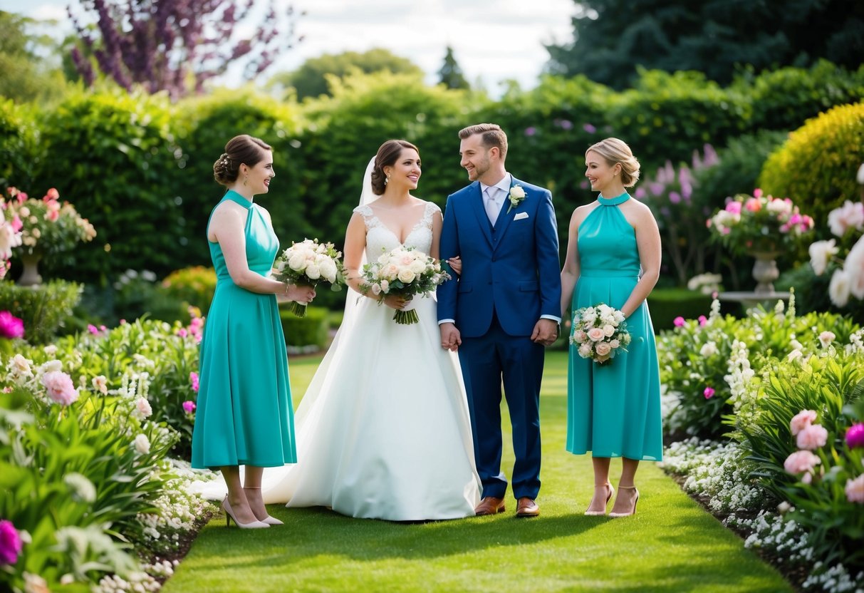A bride and groom stand with two attendants in a lush garden setting, surrounded by blooming flowers and greenery