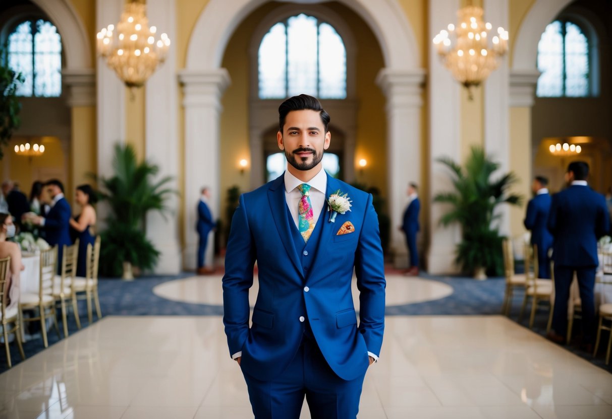 A stylish wedding guest in a sharp suit, accessorized with a colorful tie and pocket square, stands in front of a grand, ornate venue