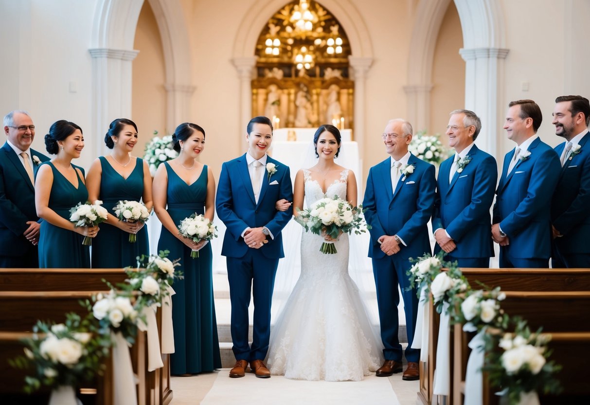 A bride and groom stand at the altar with a small group of close friends and family, all dressed in elegant wedding attire