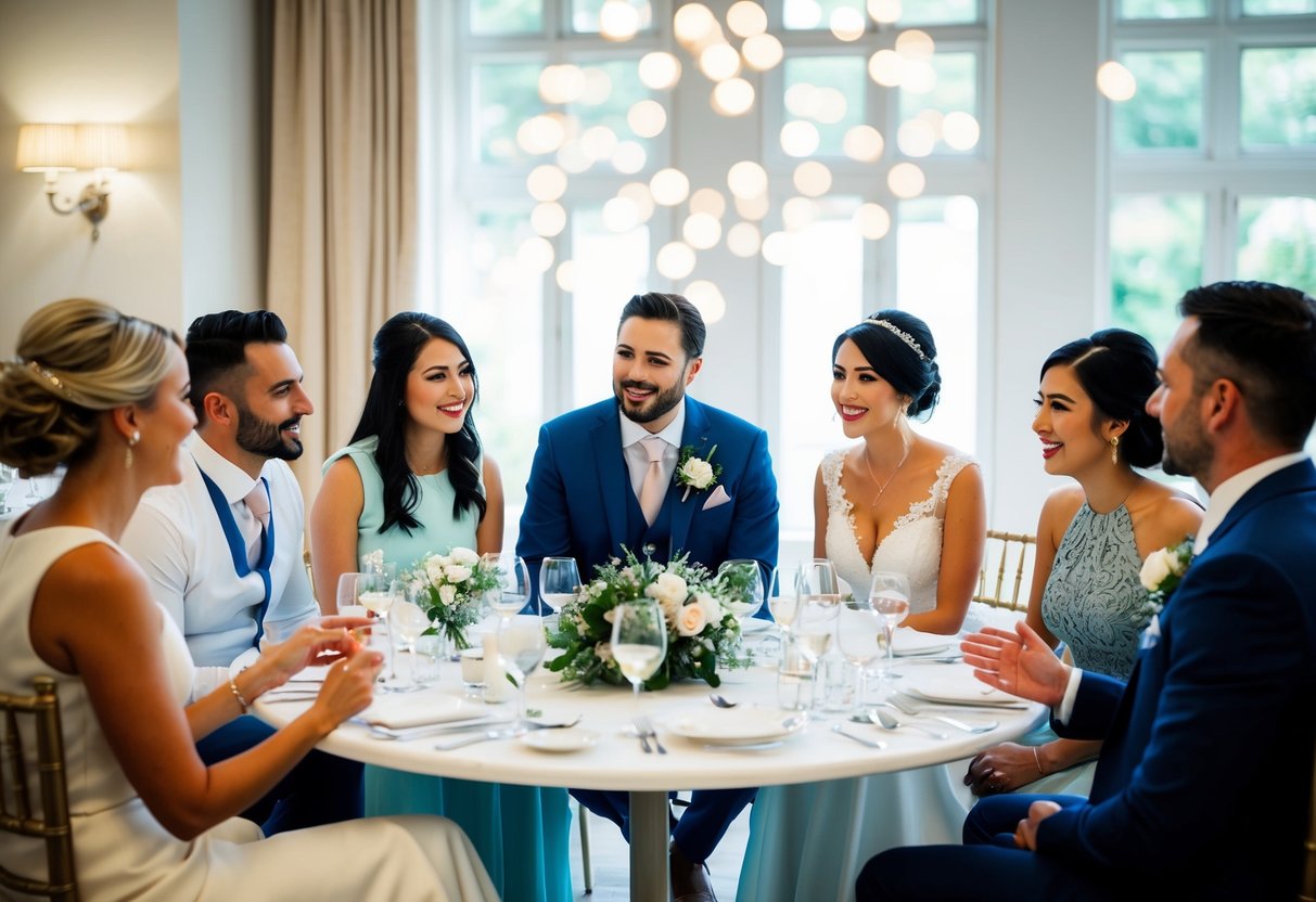 A bride and groom sit at a table with a small group of close friends, discussing wedding plans and enjoying pre-wedding events