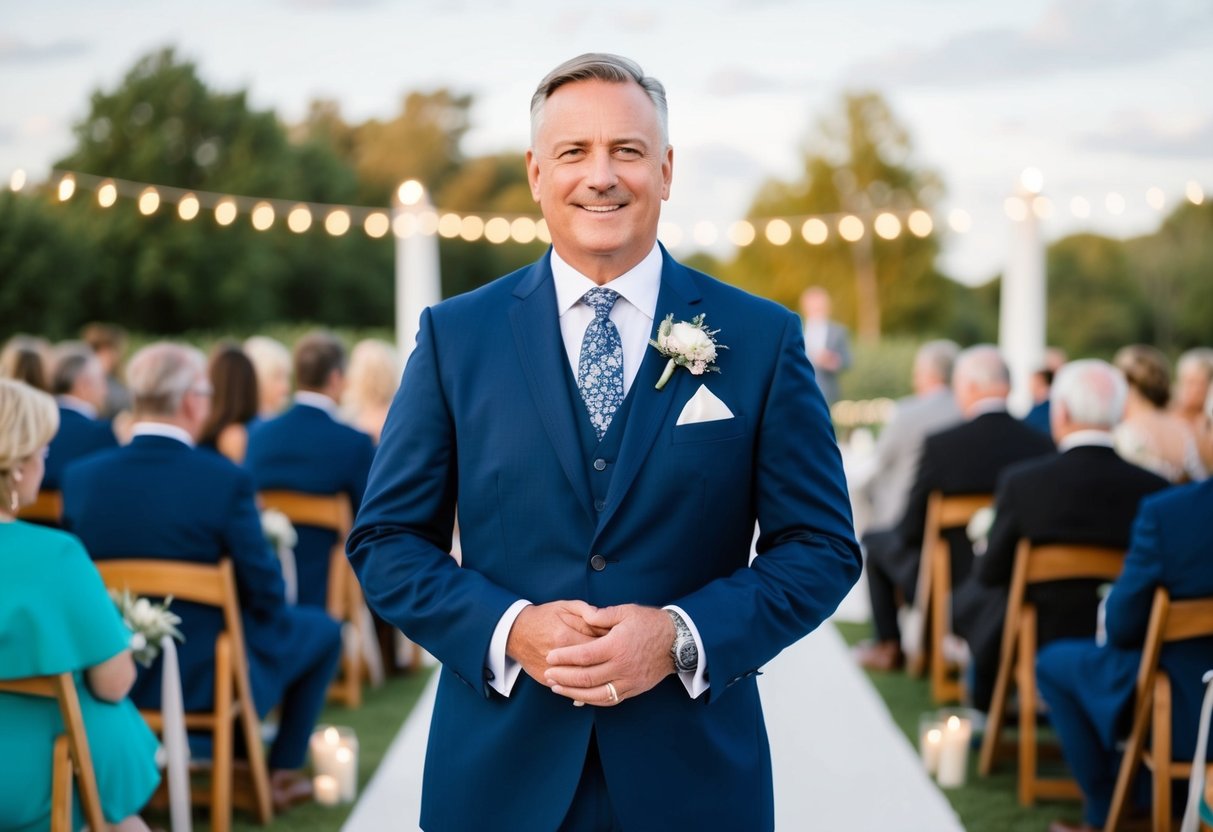 A 50-year-old man wearing a navy blue suit, white dress shirt, patterned tie, and brown dress shoes at a wedding