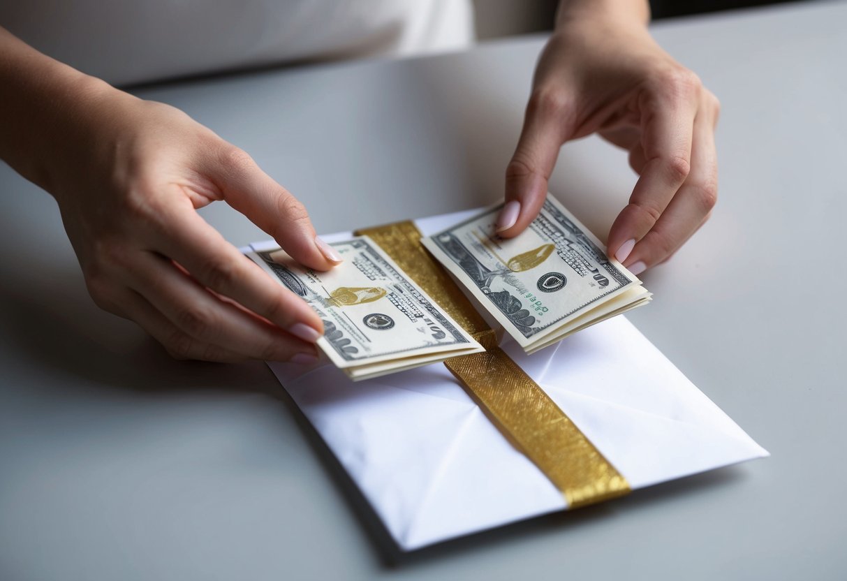 A pair of delicate hands carefully fold crisp bills into neat rectangles, placing them into a pristine white envelope adorned with a shimmering gold ribbon