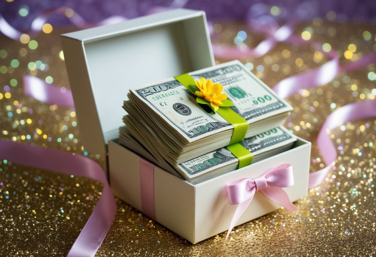 A stack of cash folded into origami shapes, nestled in a decorative box with ribbons and flowers, surrounded by sparkling confetti and glitter