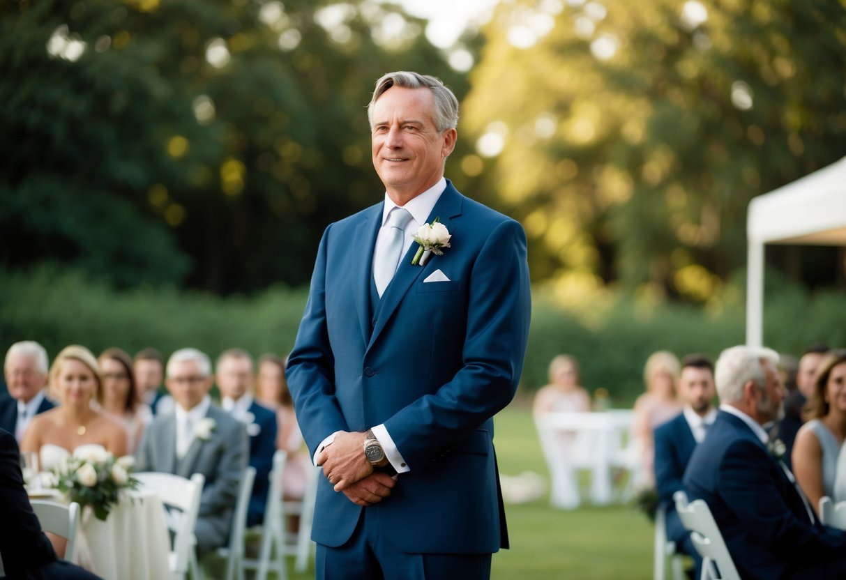 A 50-year-old man in a tailored suit and tie at a wedding