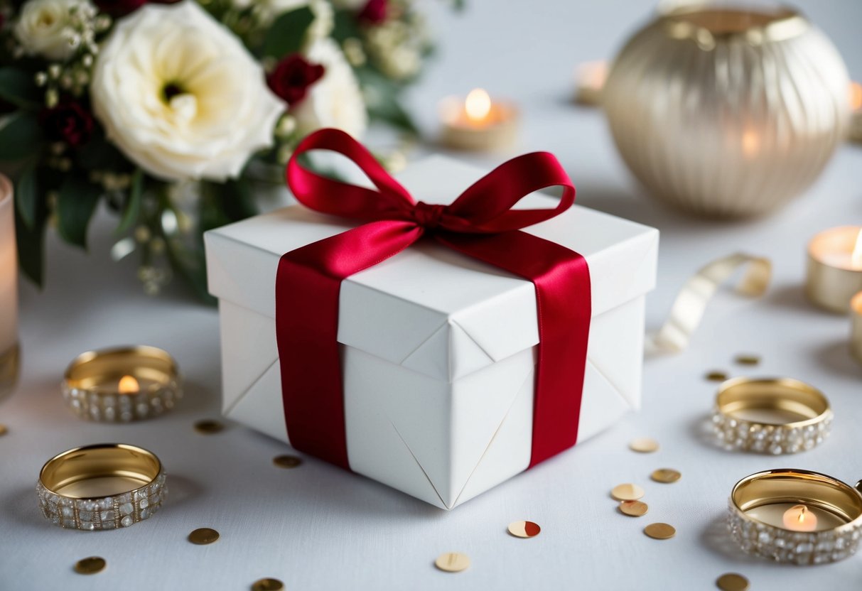 A beautifully wrapped gift box surrounded by elegant wedding decor