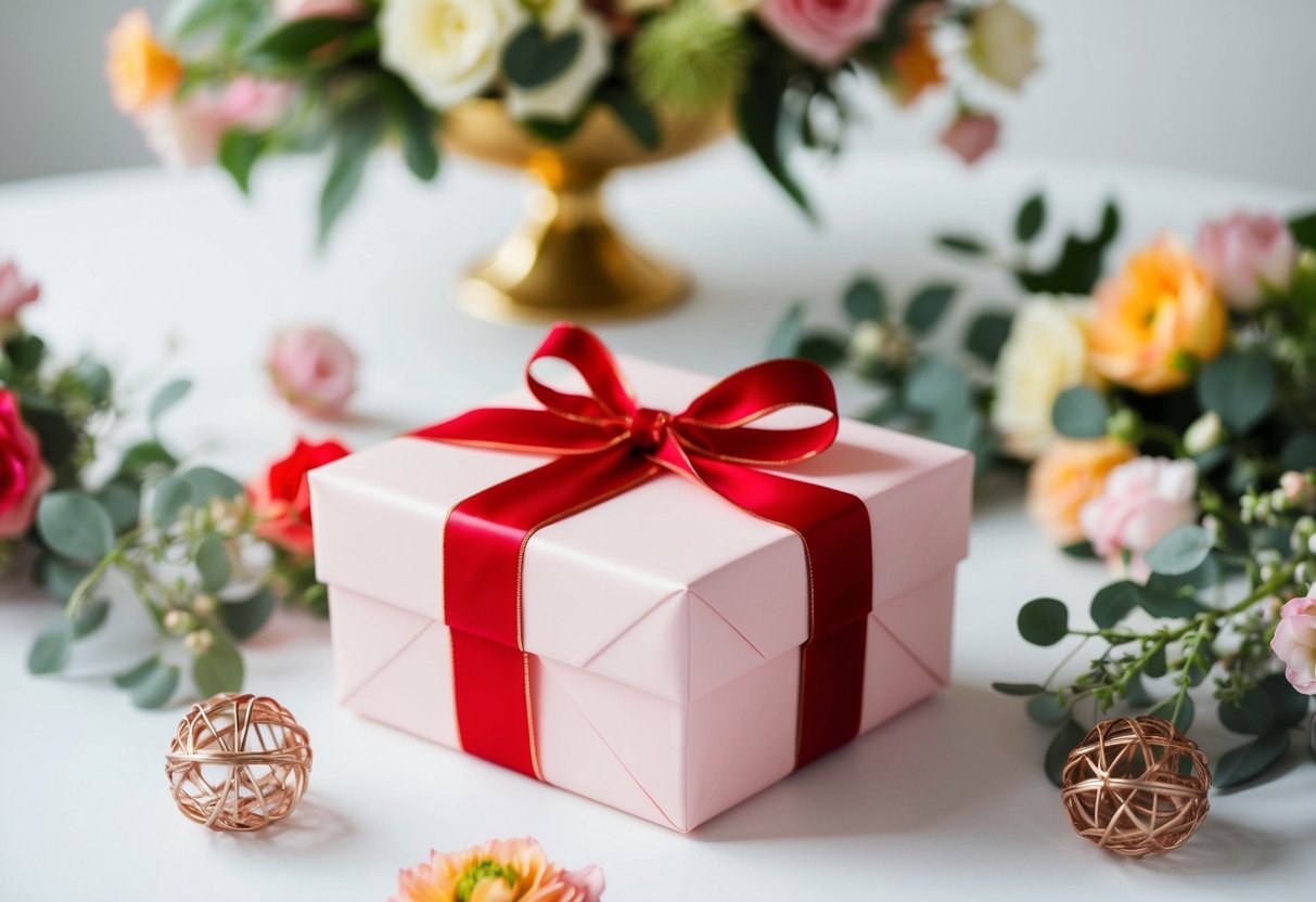 A beautifully wrapped gift box surrounded by elegant floral decorations on a table