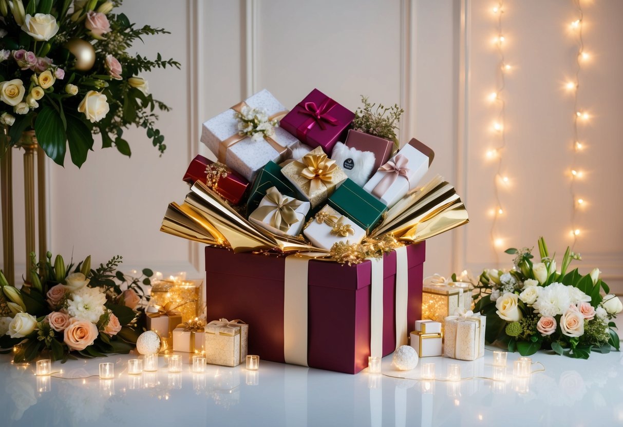 A beautifully wrapped gift box overflowing with luxurious items and decorative accents, surrounded by elegant floral arrangements and twinkling lights