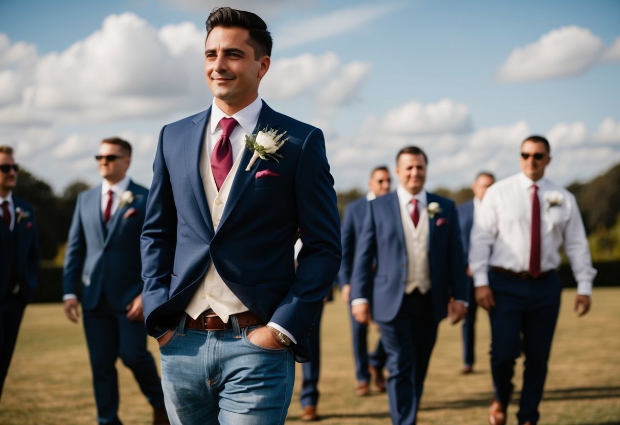 Men in formal attire at a wedding, one wearing jeans