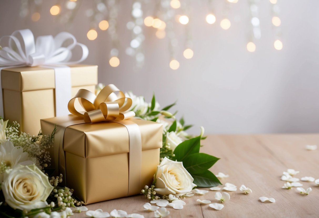 A beautifully wrapped gift box surrounded by elegant wedding decor and flowers