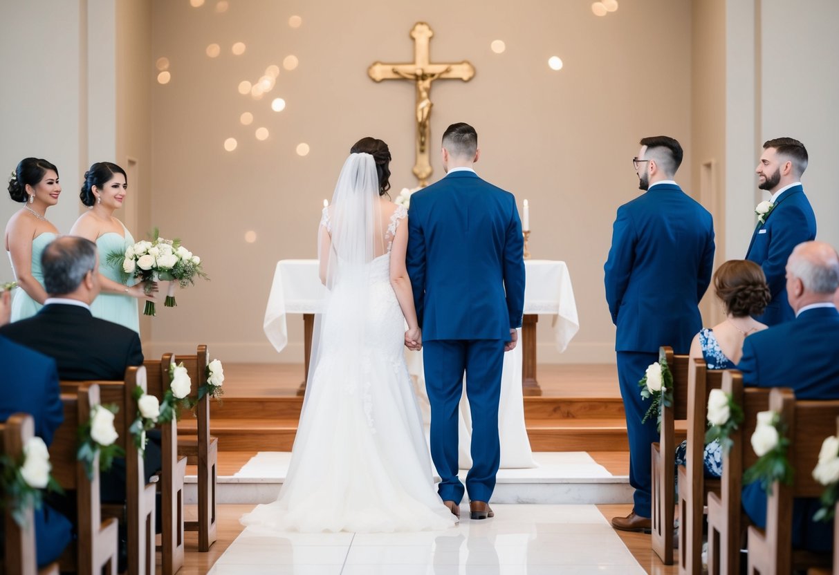 A bride and groom standing at the altar while the groom's empty seat is noticeably vacant in the background