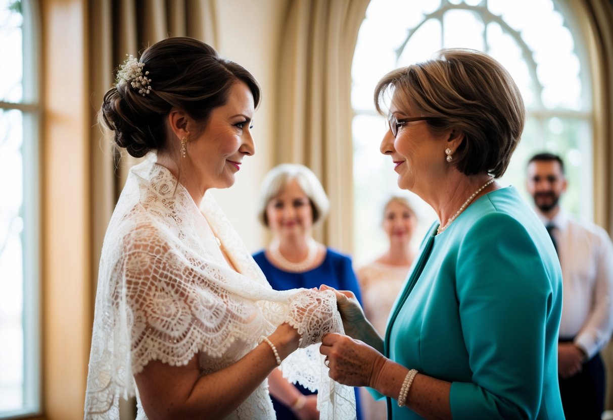 A delicate lace shawl is presented to the bride by the mother of the groom
