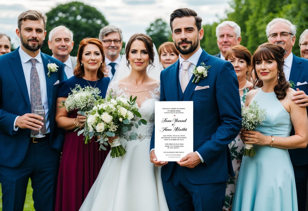 A bride and groom standing together, surrounded by friends and family, with the husband noticeably absent from the wedding invitation