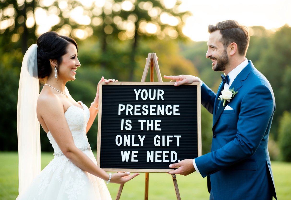 A bride and groom standing with open arms, smiling, as they gesture towards a sign that reads "Your presence is the only gift we need."