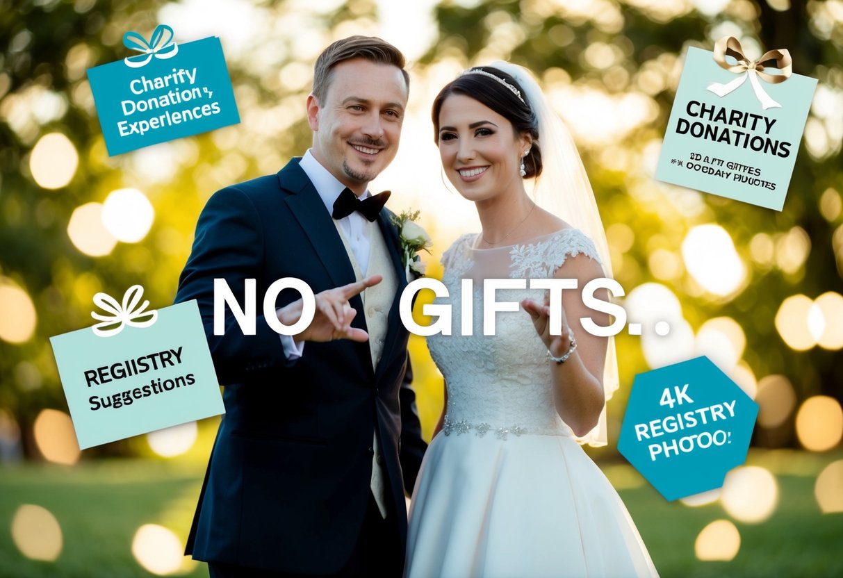 A wedding couple gestures "no gifts" while surrounded by alternative gift options like charity donations, experiences, and registry suggestions