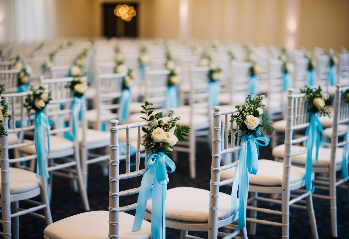 A wedding venue filled with rows of empty chairs, adorned with flowers and ribbons, awaiting the arrival of guests