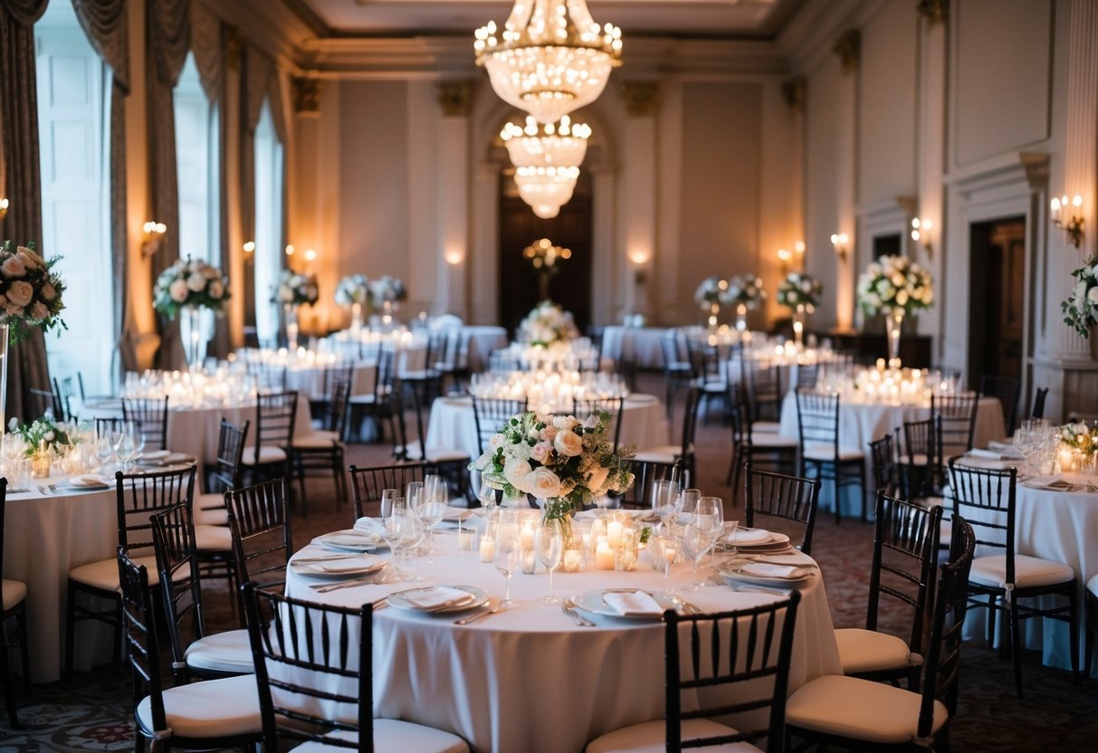 A grand banquet hall filled with elegantly set tables and chairs, adorned with floral centerpieces and soft candlelight, awaits the arrival of wedding guests