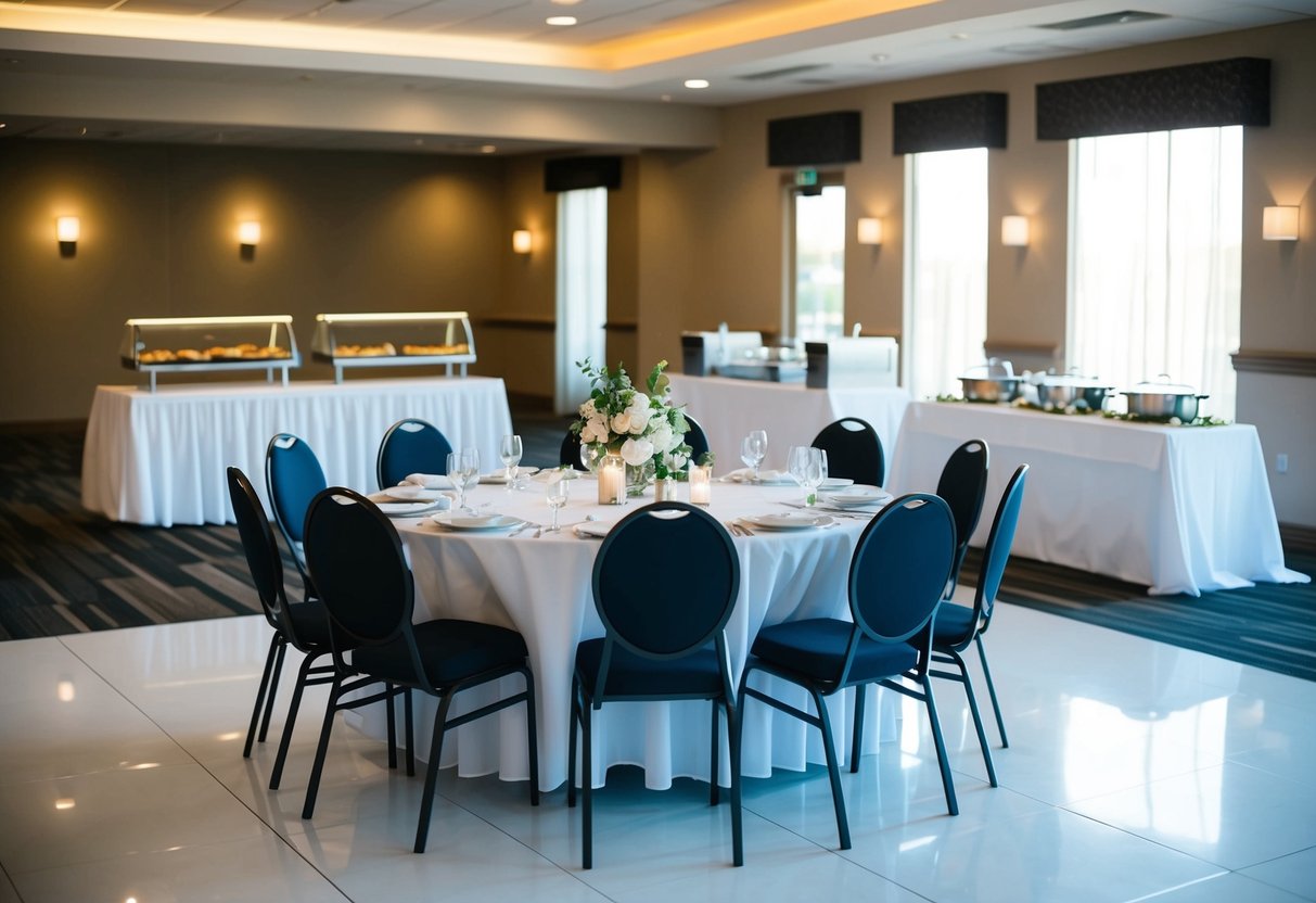 A wedding venue with empty and filled chairs, a buffet table, and a dance floor
