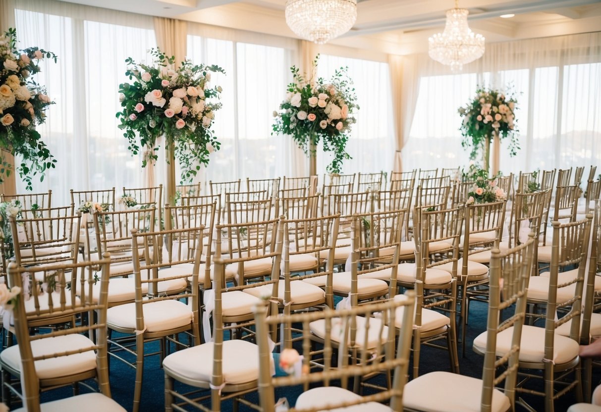 A beautiful wedding venue with rows of empty chairs set up for a ceremony, adorned with floral decorations and elegant details