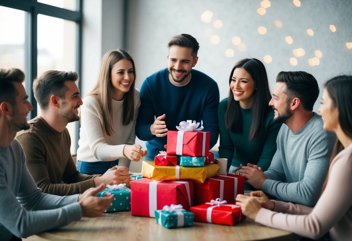 A group of friends gathered around a table, smiling and talking, with a pile of unwrapped presents in the center