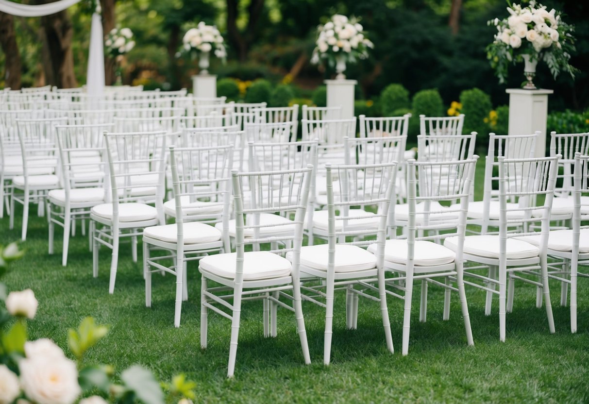 A wedding venue with rows of empty chairs set up for a ceremony, surrounded by lush greenery and floral decorations