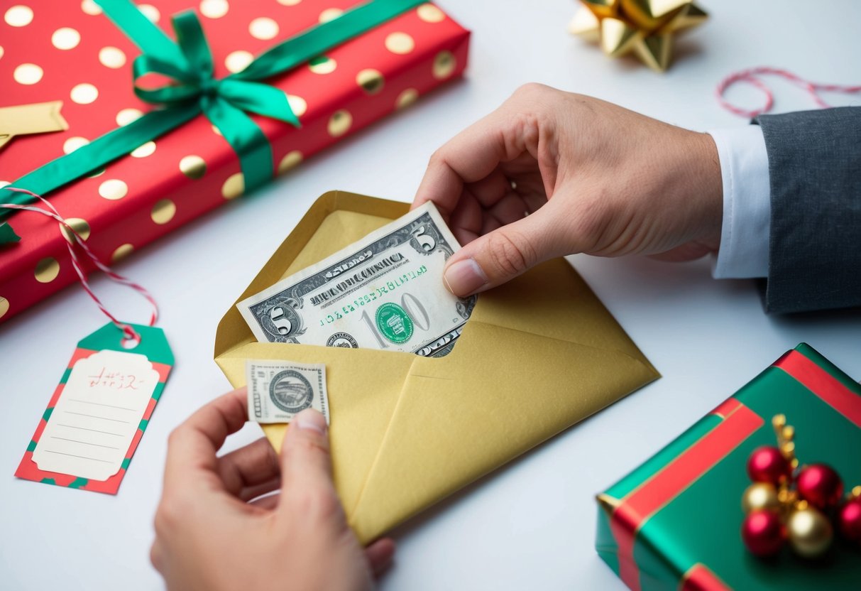 A hand placing money into a decorative envelope with a bow, surrounded by festive wrapping paper and a gift tag