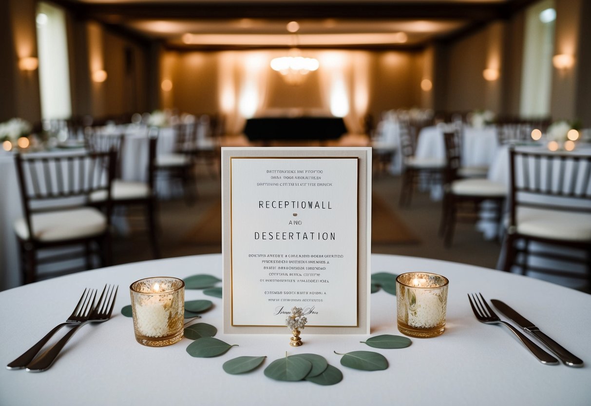 A wedding invitation surrounded by empty chairs and a deserted reception hall