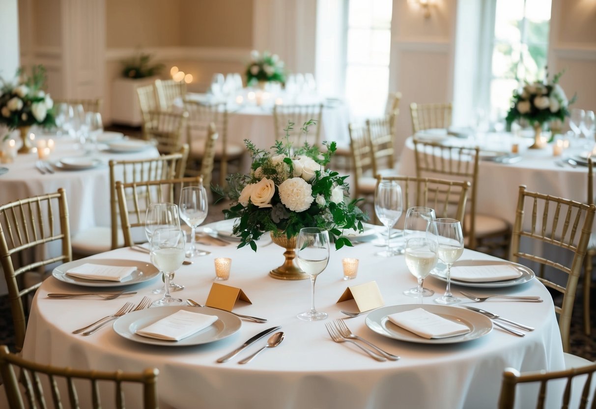 A beautifully set dining table with empty chairs and place settings, indicating guests who did not attend a wedding