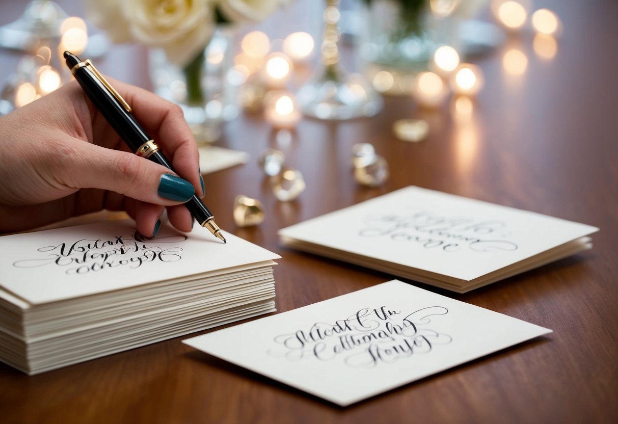 A hand holding a calligraphy pen, adding final touches to a stack of elegant wedding cards