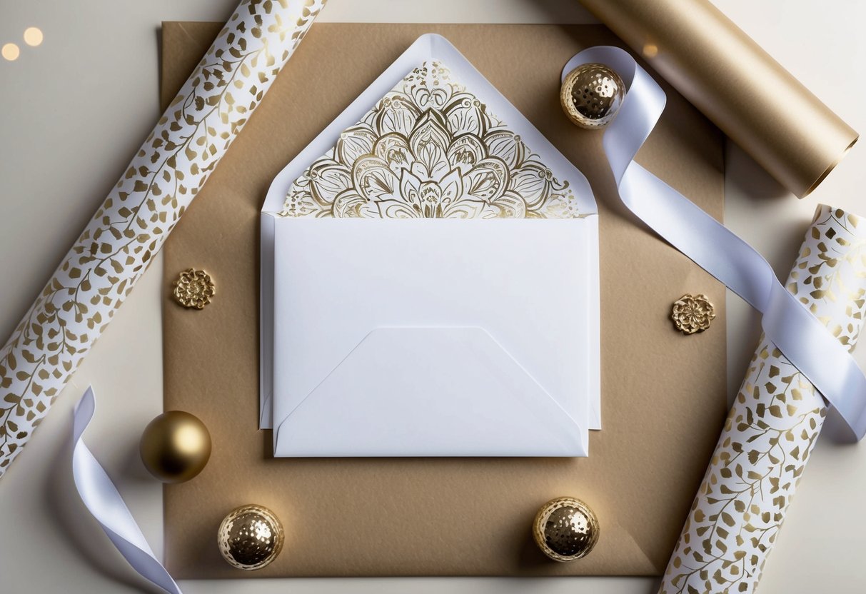 A decorative envelope with a blank card inside, surrounded by elegant wrapping paper and a ribbon